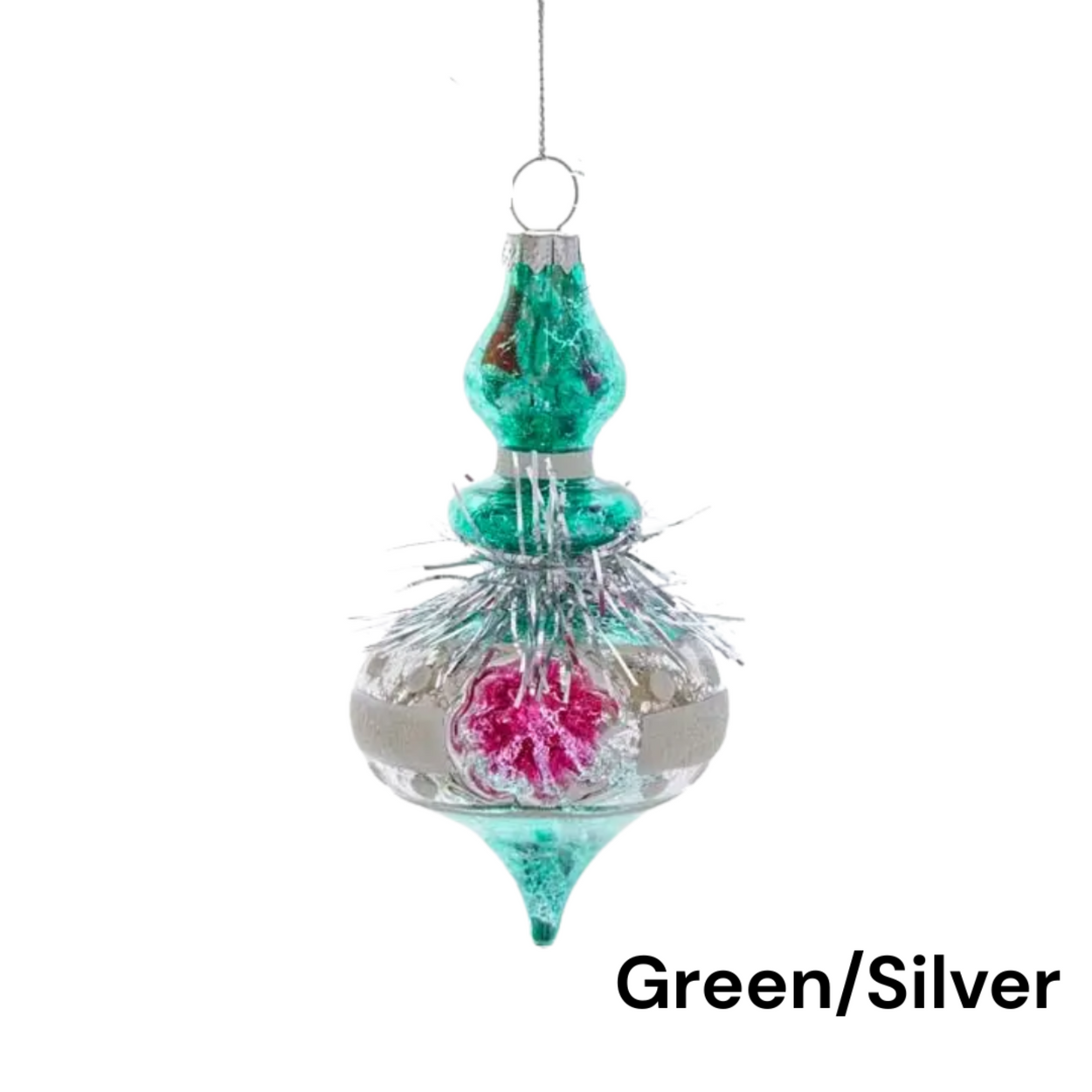 Decorative ornament with green and silver design on a white background