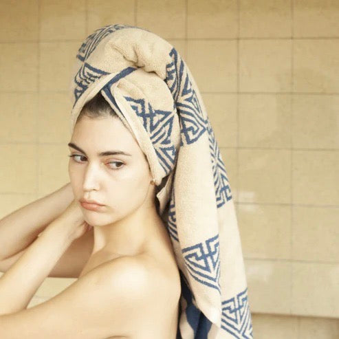 Autumn Sonata Bath Sheet - Agnes wrapped around models head