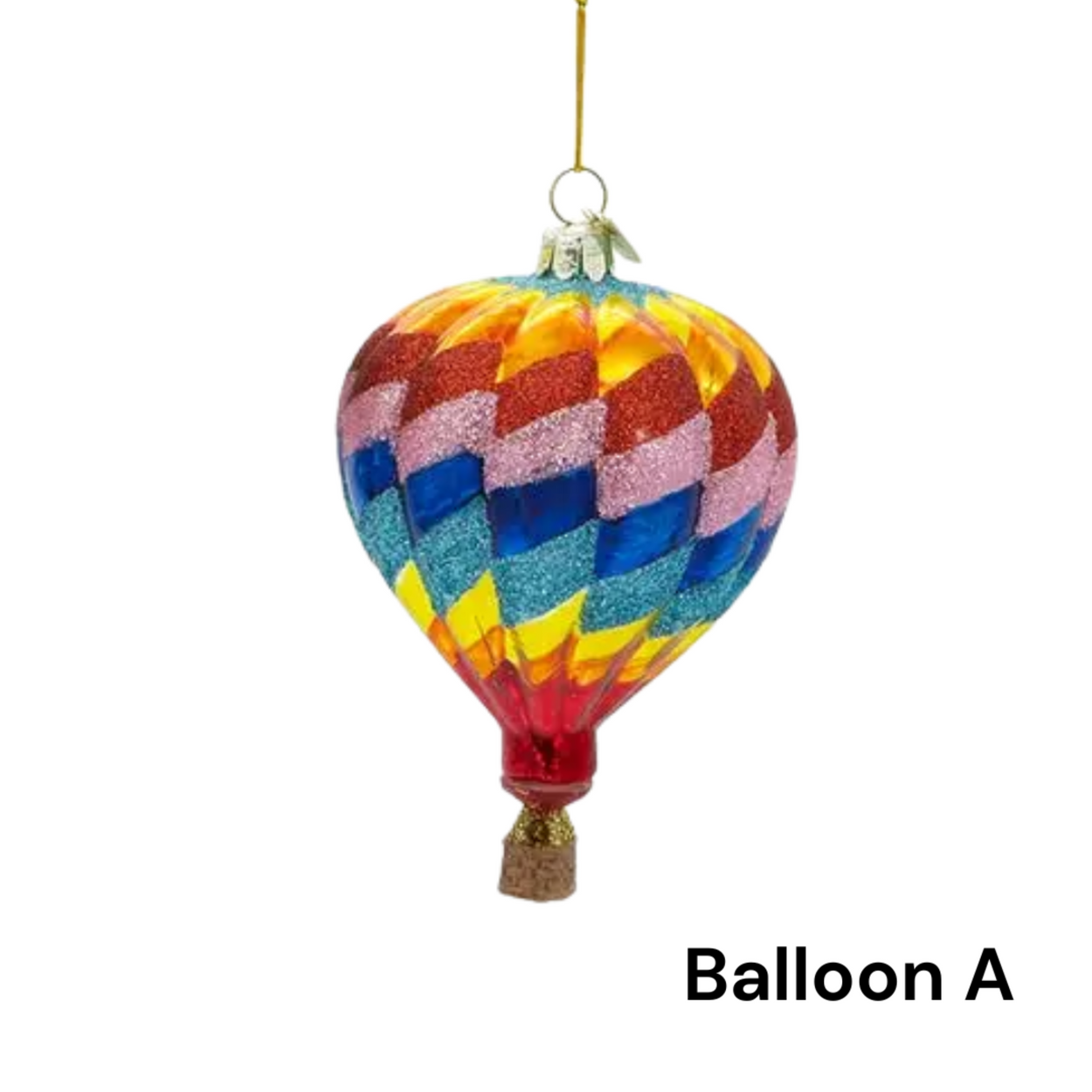 Colorful hot air balloon ornament on a white background