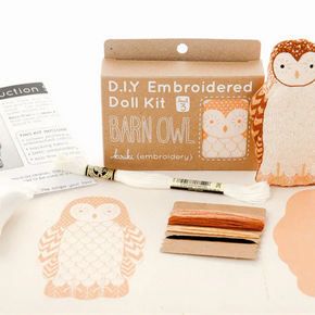 D.I.Y. Embroidered Doll Kit with owl design on a white background