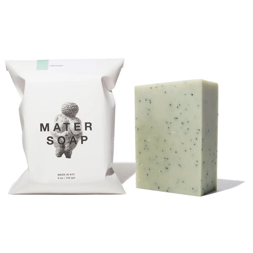 Mater Basil Bar Soap, wrapping and unwrapped bar side by side against white background.