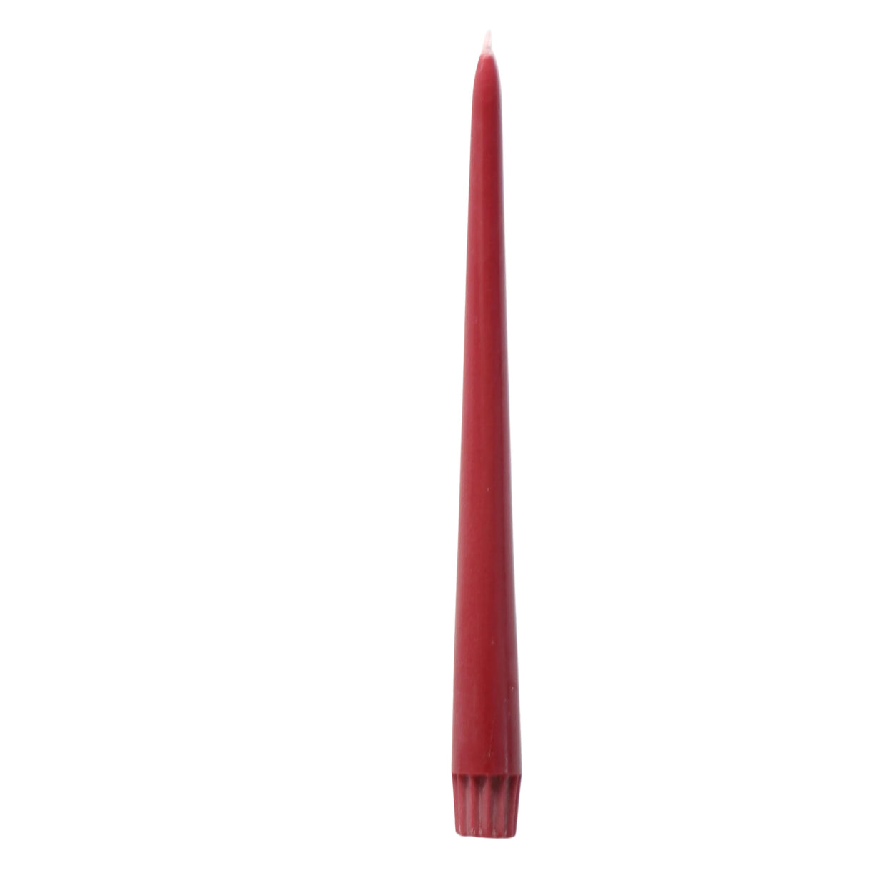 A single long taper candle in a deep burgundy red color, standing vertically against a plain white background.