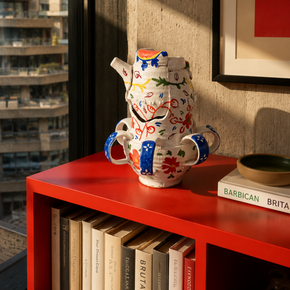 Decorative jug on a red shelf with books and a framed picture in the background.