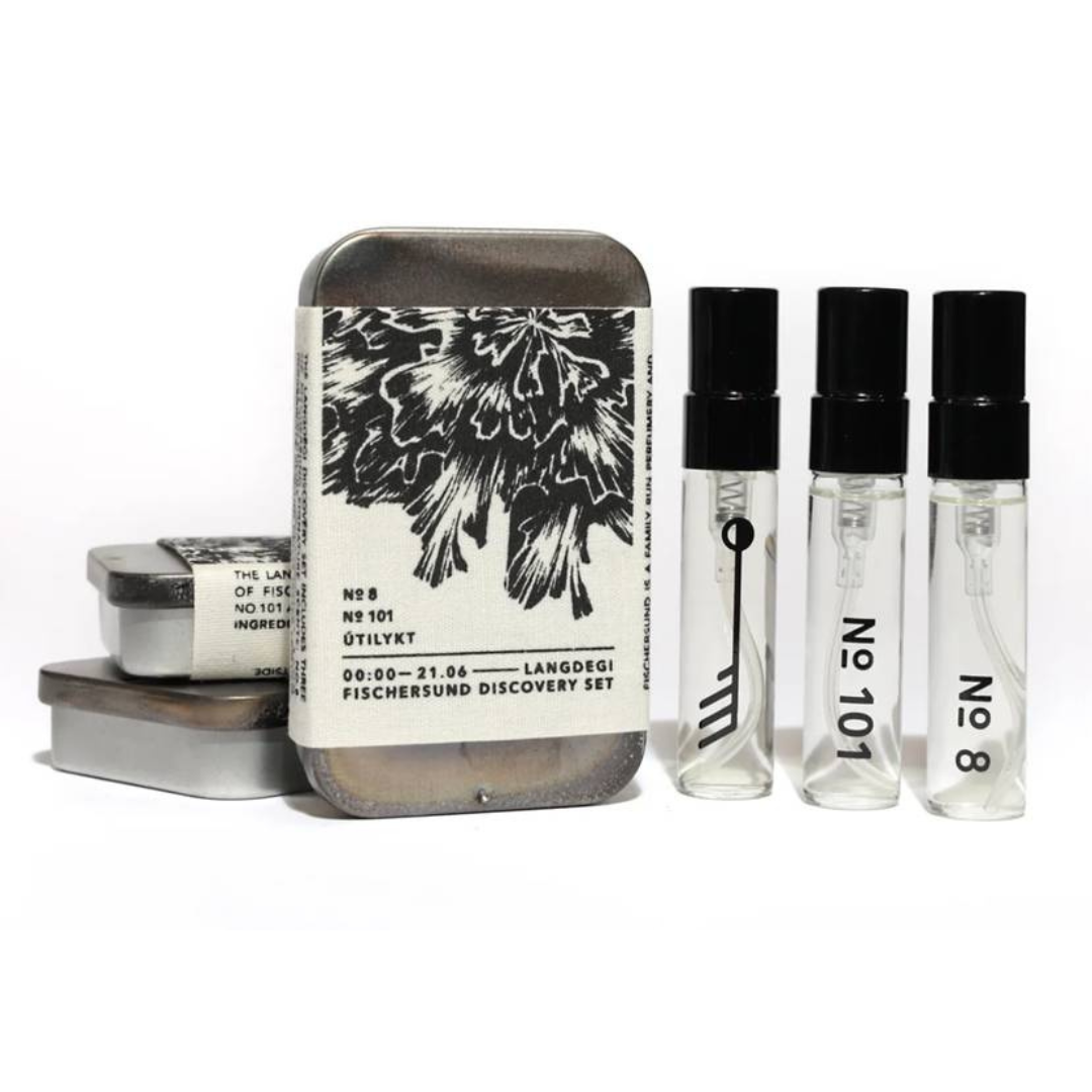 Fischersund Light Fragrance Discovery Set EDP tin and three testers against a white background.