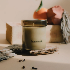 Homework UK scented candle - Fire with driftwood and oranges.