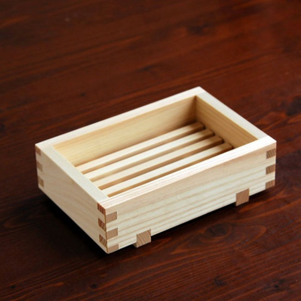 Japanese Hinoki Soap Holder on wooden bench