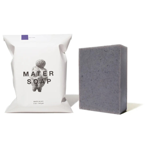 Mater Soap Holy Bar wrapping and unwrapped bar side by side against white background.