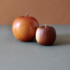 Vintage pair of hand made wooden apples against brown and green backdrop.