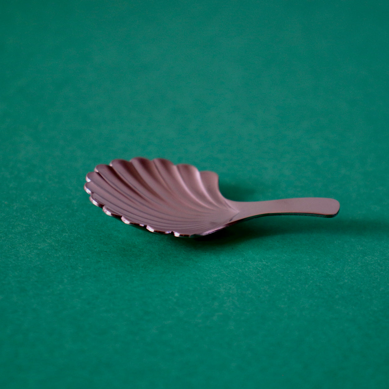 Side profile Japanese Shell Tea Spoon on a green background.