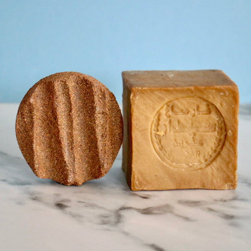 Alepp soap next to round Ceramic Soap Holder by Grace McCarthy