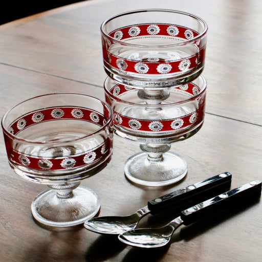 Vintage Set of 6 Glass bistro bowls on wood table with Sabre Paris spoons