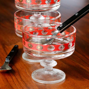 Vintage Set of 6 Glass bistro bowls stacked on wood table with Sabre Spoons.