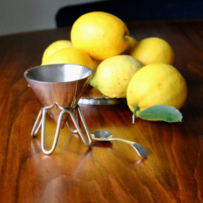 Vintage silver sugar bowl set with bowl of lemons on wood table.