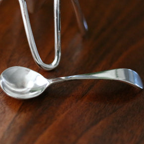 Close up of spoon in Vintage silver sugar bowl set