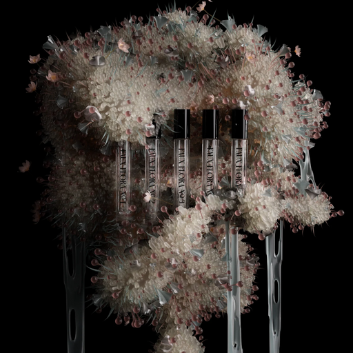 Vials of perfume arranged to form a mass with floral and crystal elements on a black background