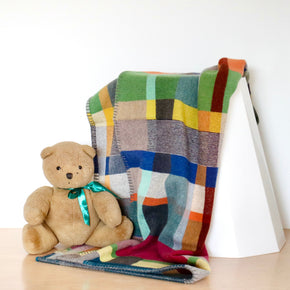 Colorful patchwork blanket draped over a white surface with a teddy bear sitting on it.