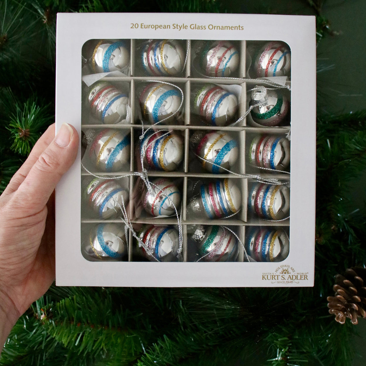 Box of Kurt Adler European Style Glass Ornaments held over a Christmas tree.