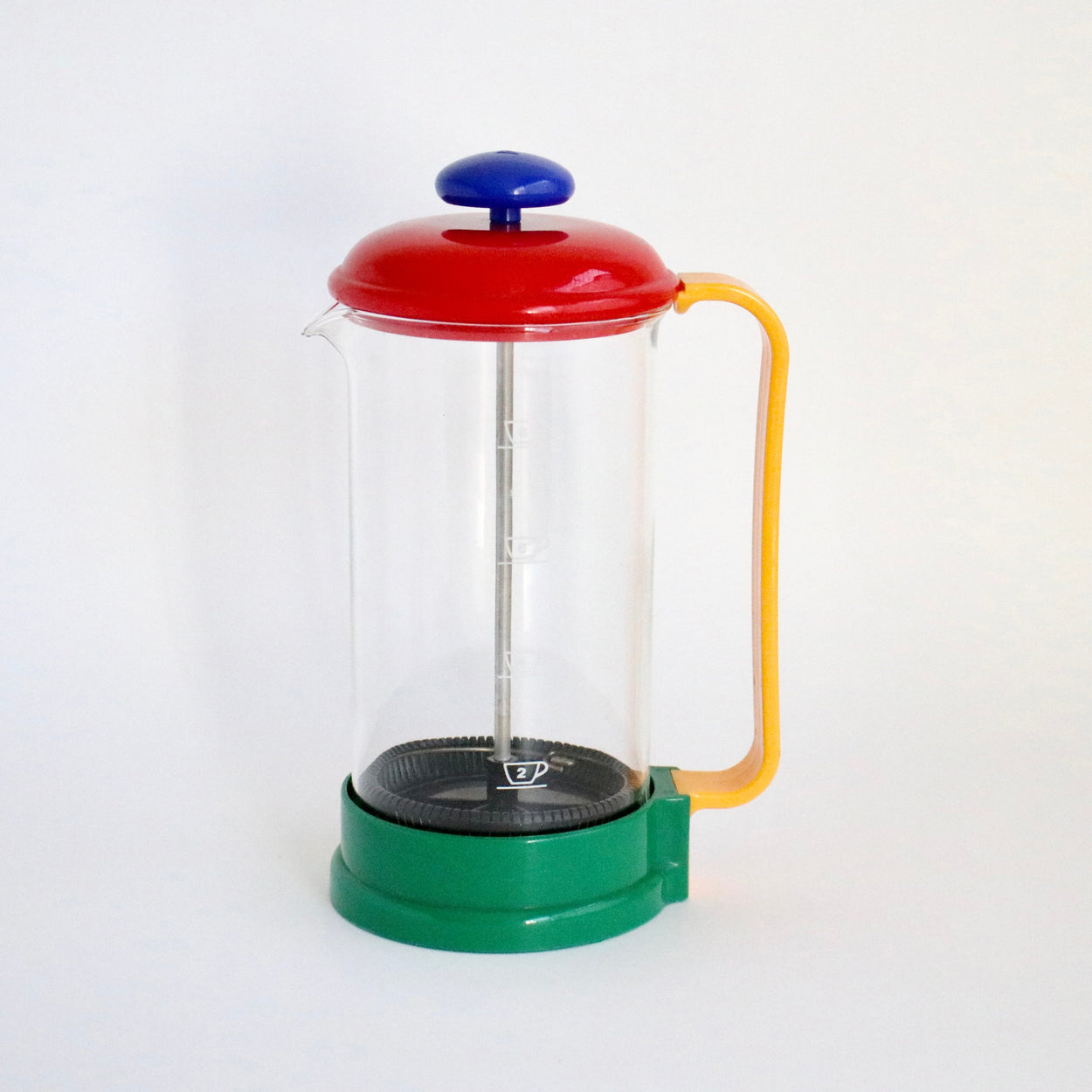 Colorful French press coffee maker on a white background