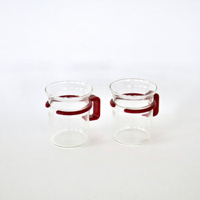 Two clear glass mugs with red handles on a white background