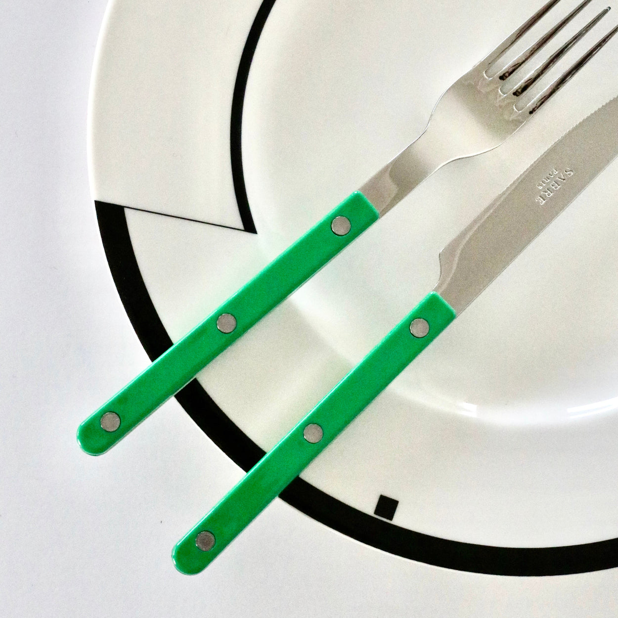 Knife and fork with green handles on a white plate with black rim
