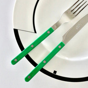 Knife and fork with green handles on a white plate with black rim