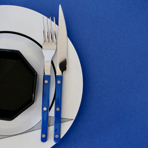 Silver fork and knife with blue handles on a white plate against a blue background