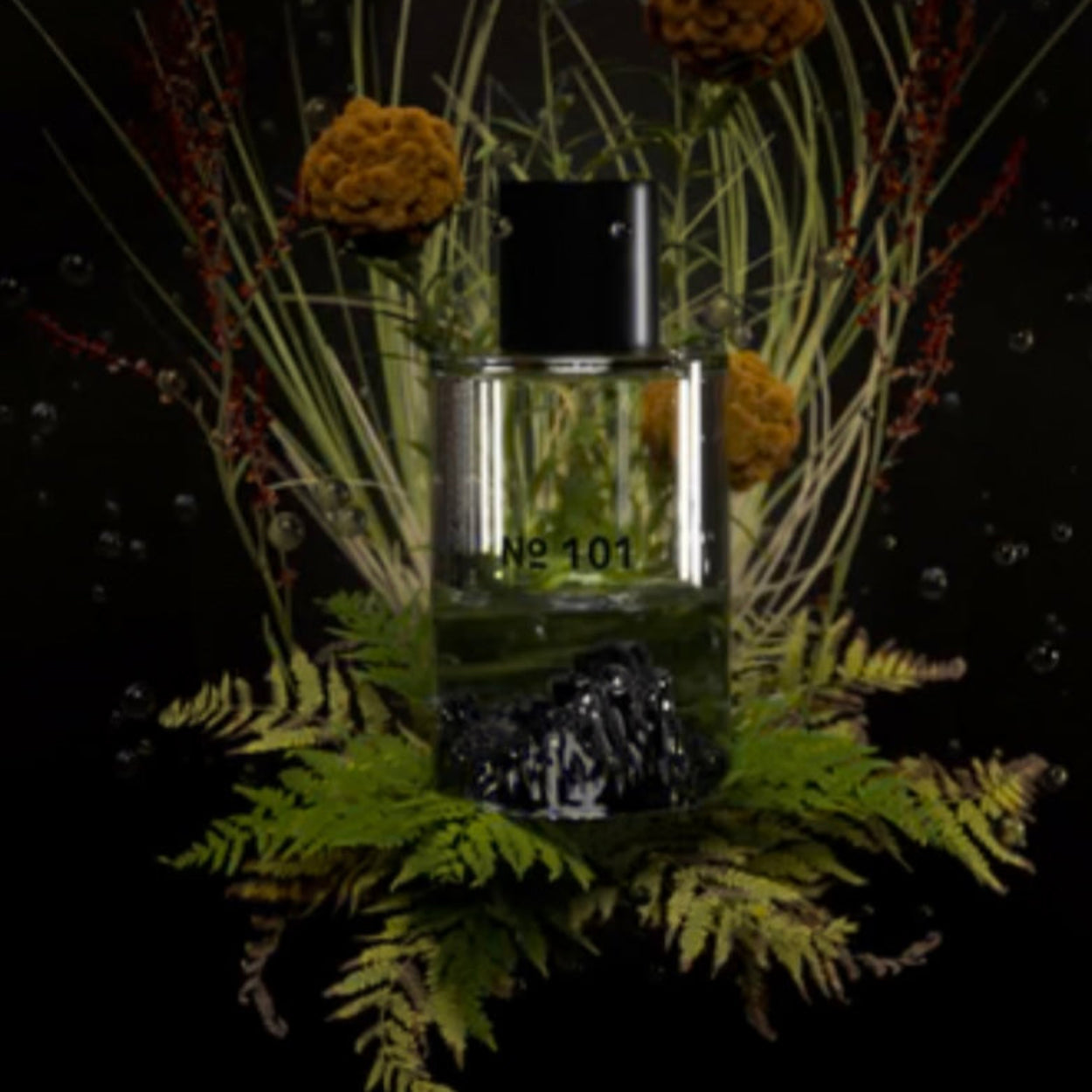 Perfume bottle labeled '101' surrounded by flowers on a dark background
