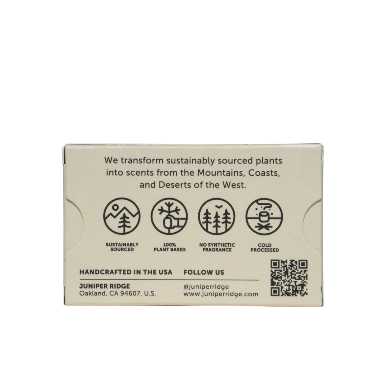 The back of a rectangular cardboard box for Juniper Ridge, featuring black text and icons for sustainable sourcing, diverse plant bases, reforestation, and cold hardiness, on a white background.