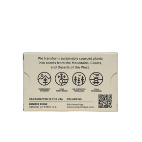 The back of a rectangular cardboard box for Juniper Ridge, featuring black text and icons for sustainable sourcing, diverse plant bases, reforestation, and cold hardiness, on a white background.