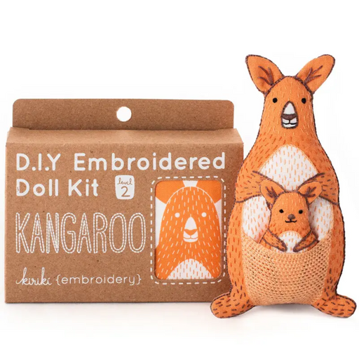 Kangaroo-shaped embroidered doll kit with packaging on a white background