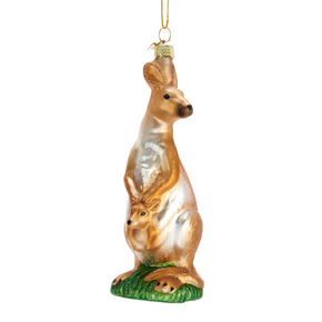 Glass ornament of a kangaroo with joey on a white background
