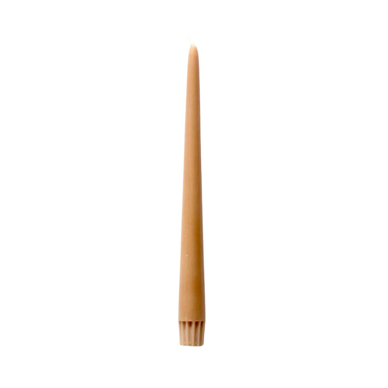 A single taper candle in a warm tan or light brown wax, standing vertically against a plain white background.
