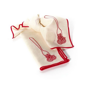 Two white napkins with red outlines of a fork and spaghetti on a white background