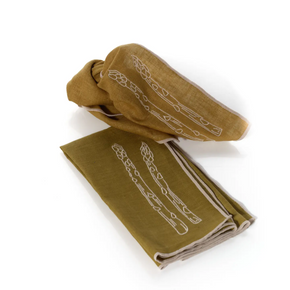 Two folded green napkins with white patterns on a white background