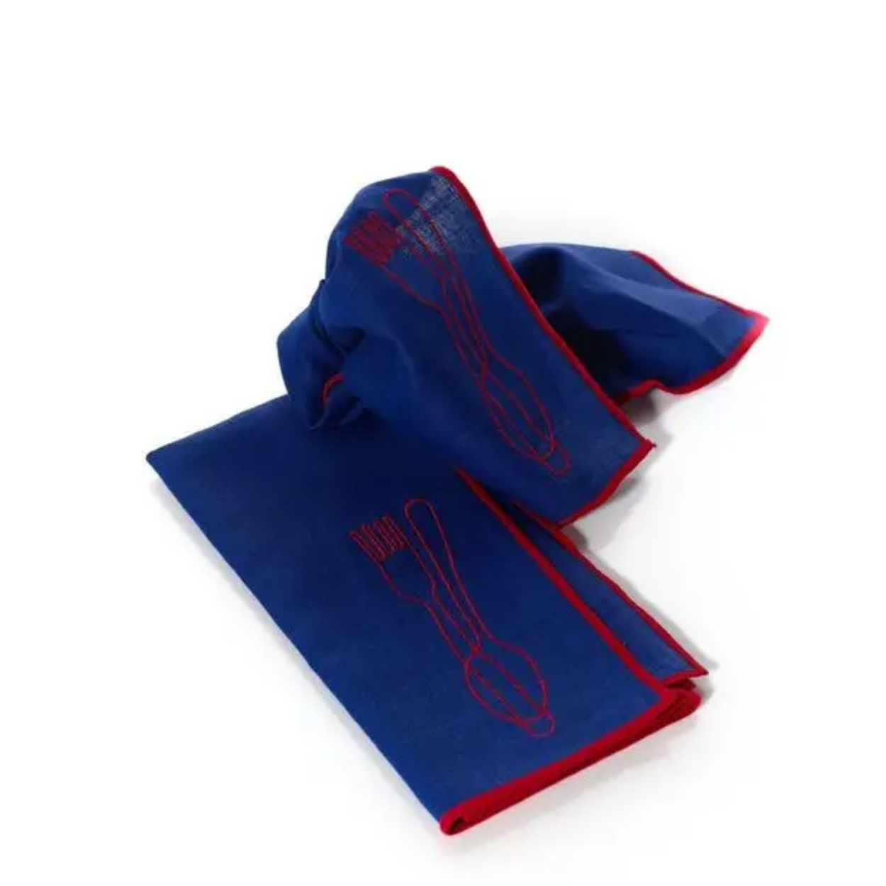 Blue napkin with red outlines of a fork and knife on a white background