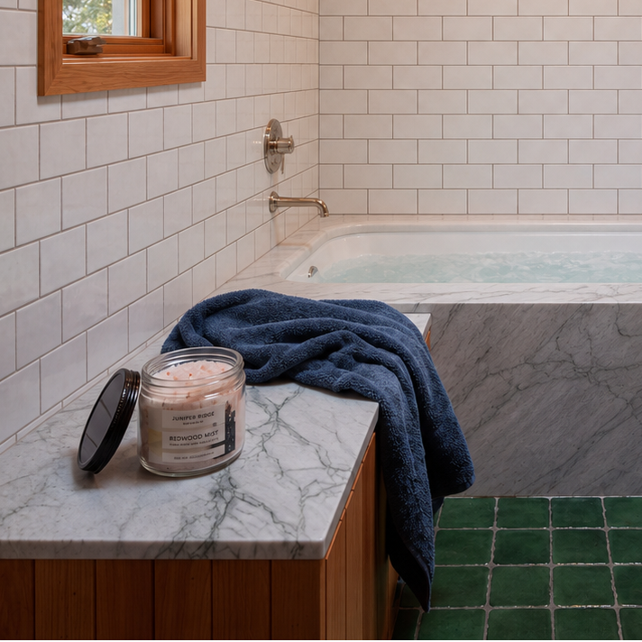 A modern bathroom interior with white subway tile walls, a freestanding bathtub over a dark marble floor, wood cabinetry, a window. A jar candle and folded navy towel sit on a marble-topped counter in the foreground.