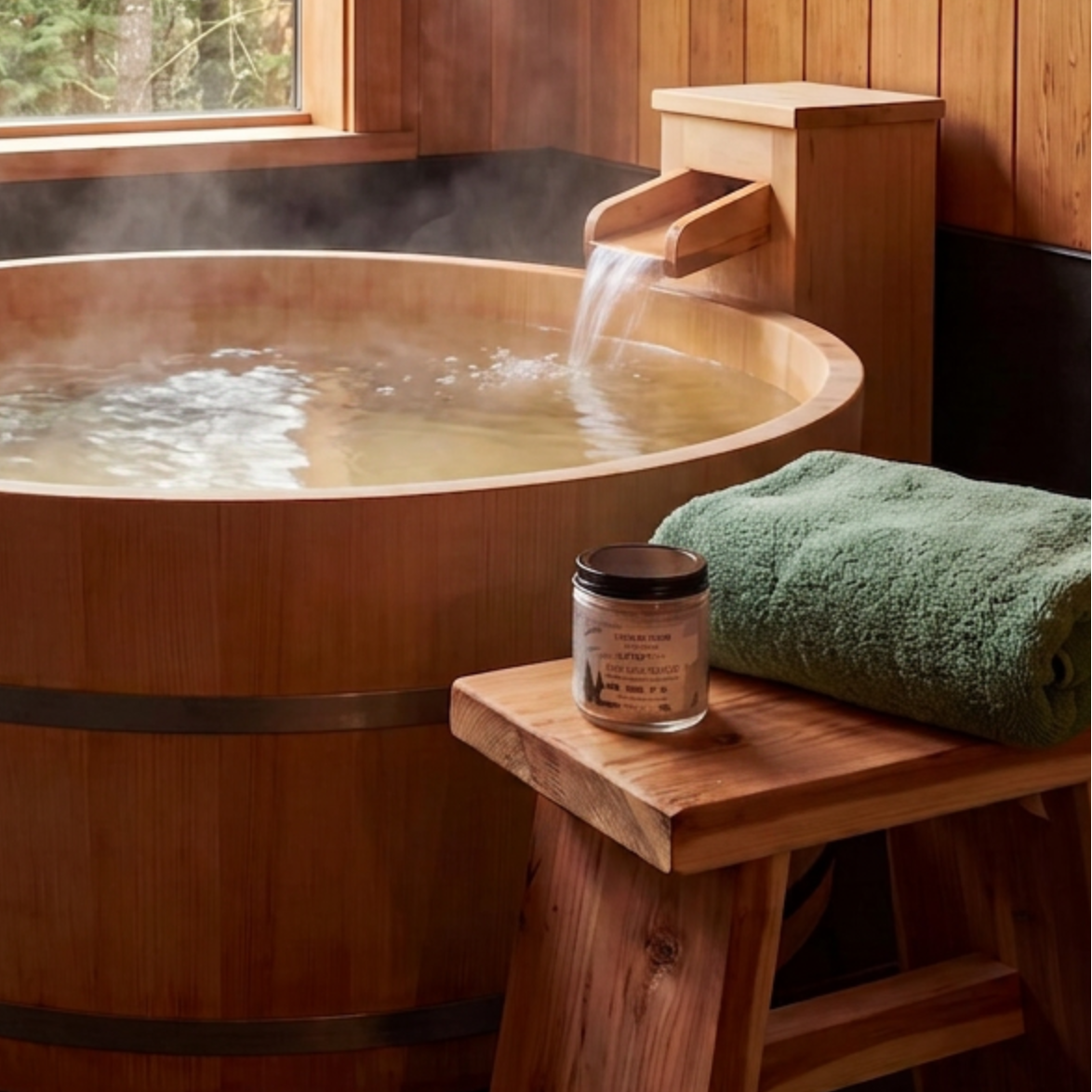 A large round wooden hot spring bath tub with metal bands sits by a window overlooking a forest. Steam rises from the water, and a small wooden stool beside it holds a folded green towel and a small jar.