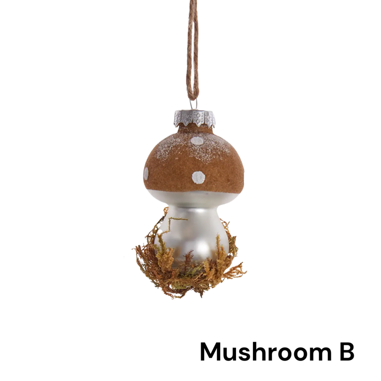 Decorative mushroom ornament with a white cap and brown stem on a white background