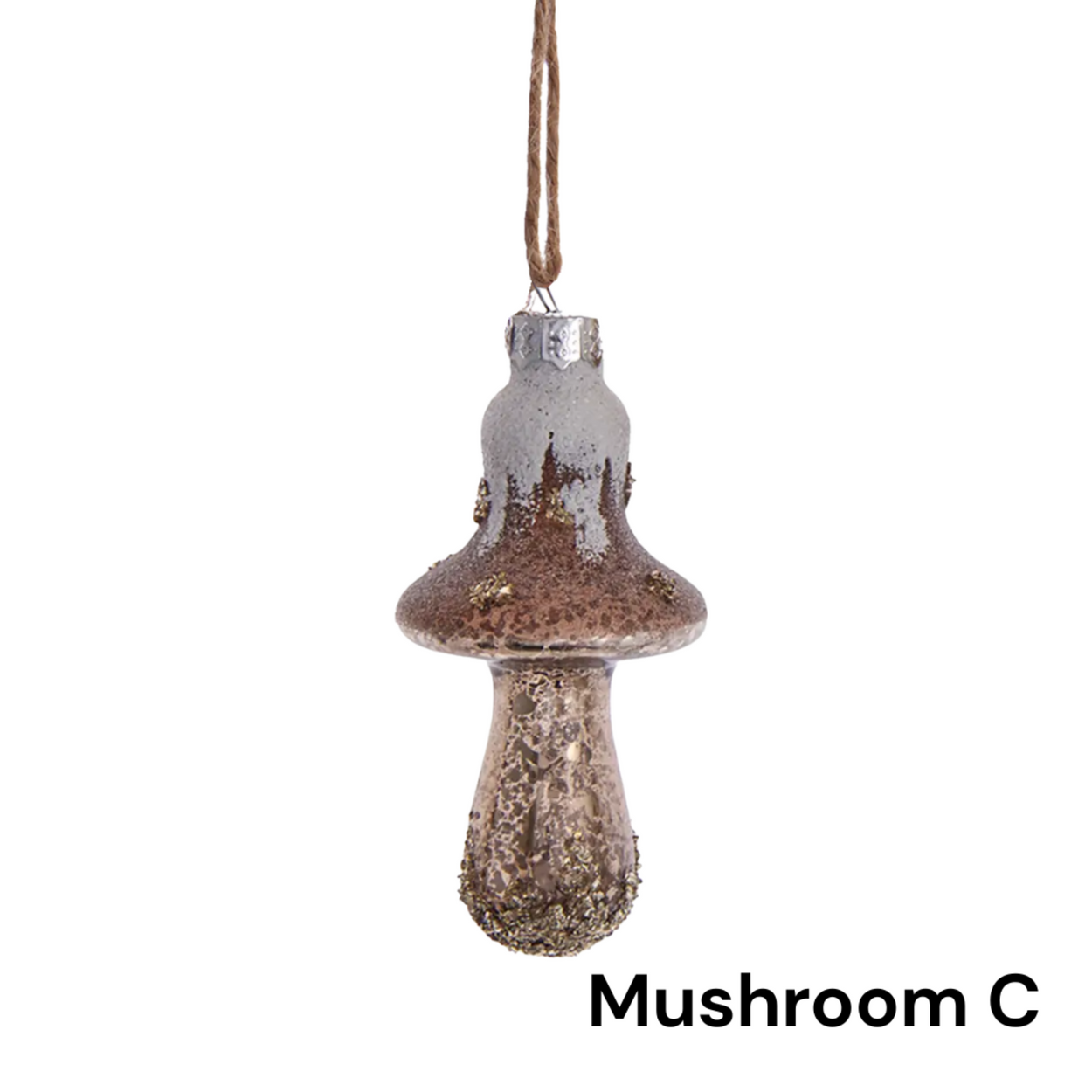 Decorative glass mushroom ornament labeled 'Mushroom C' on a white background