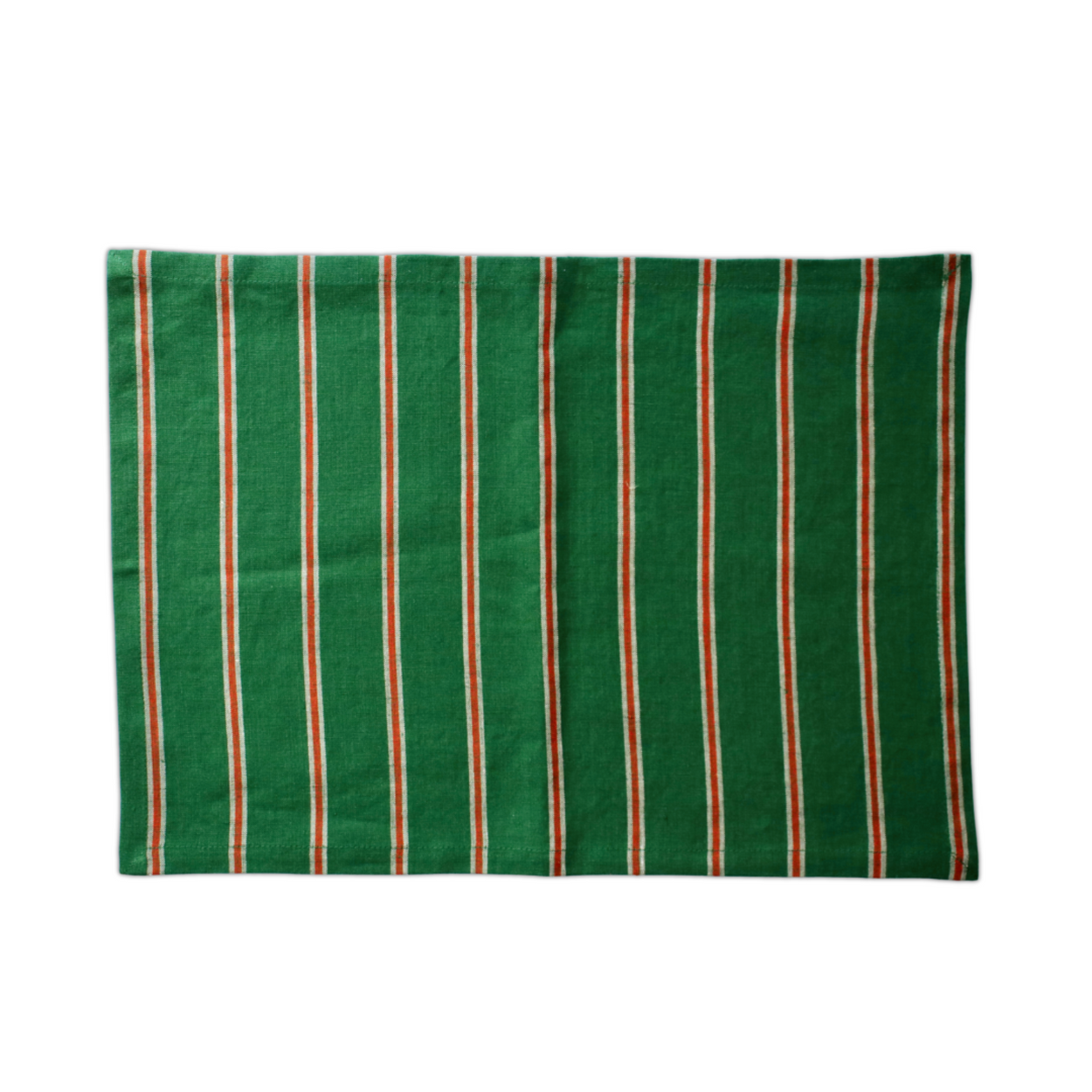 Green fabric with red and orange stripes on a white background