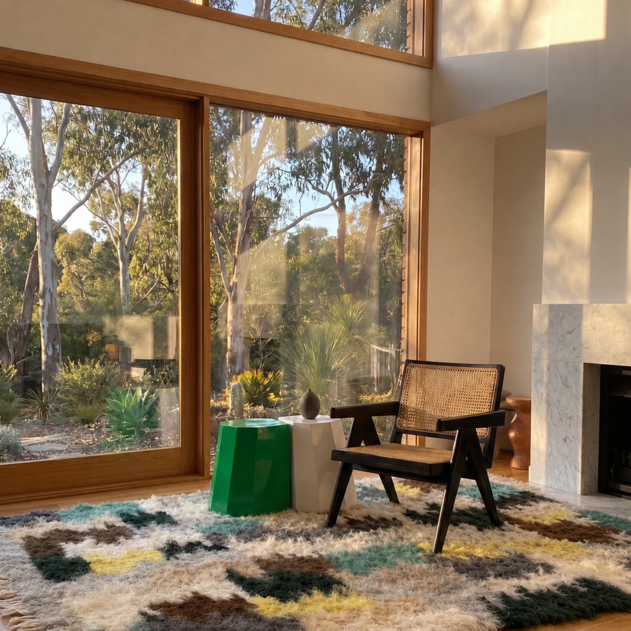 Modern interior with a chair, table, and large rug by windows overlooking trees.
