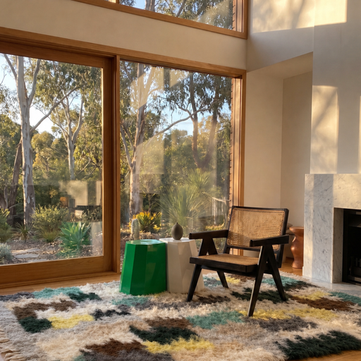 Modern interior with a chair, table, and large rug by windows overlooking trees.