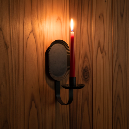 Candle in a metal holder against a wooden wall