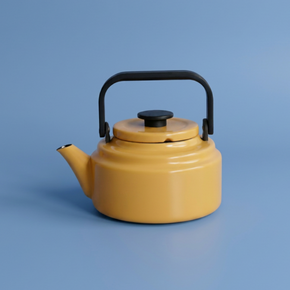 Yellow teapot with a black handle on a blue background