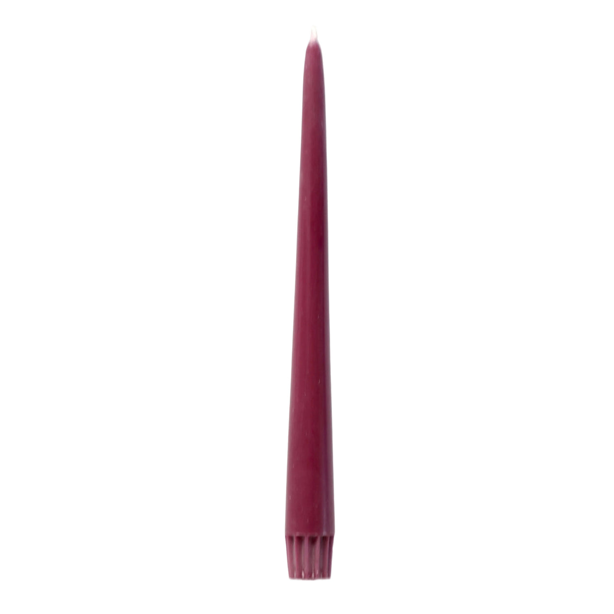 A single dark burgundy taper candle standing vertically against a plain white background.