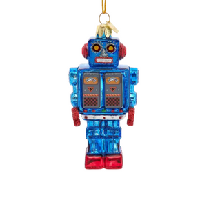 Decorative robot ornament with blue and red colors on a white background