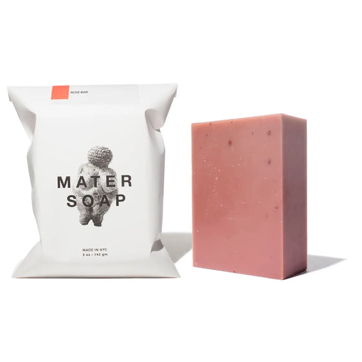 Mater Soap Rose Bar wrapping and unwrapped bar side by side against white background.