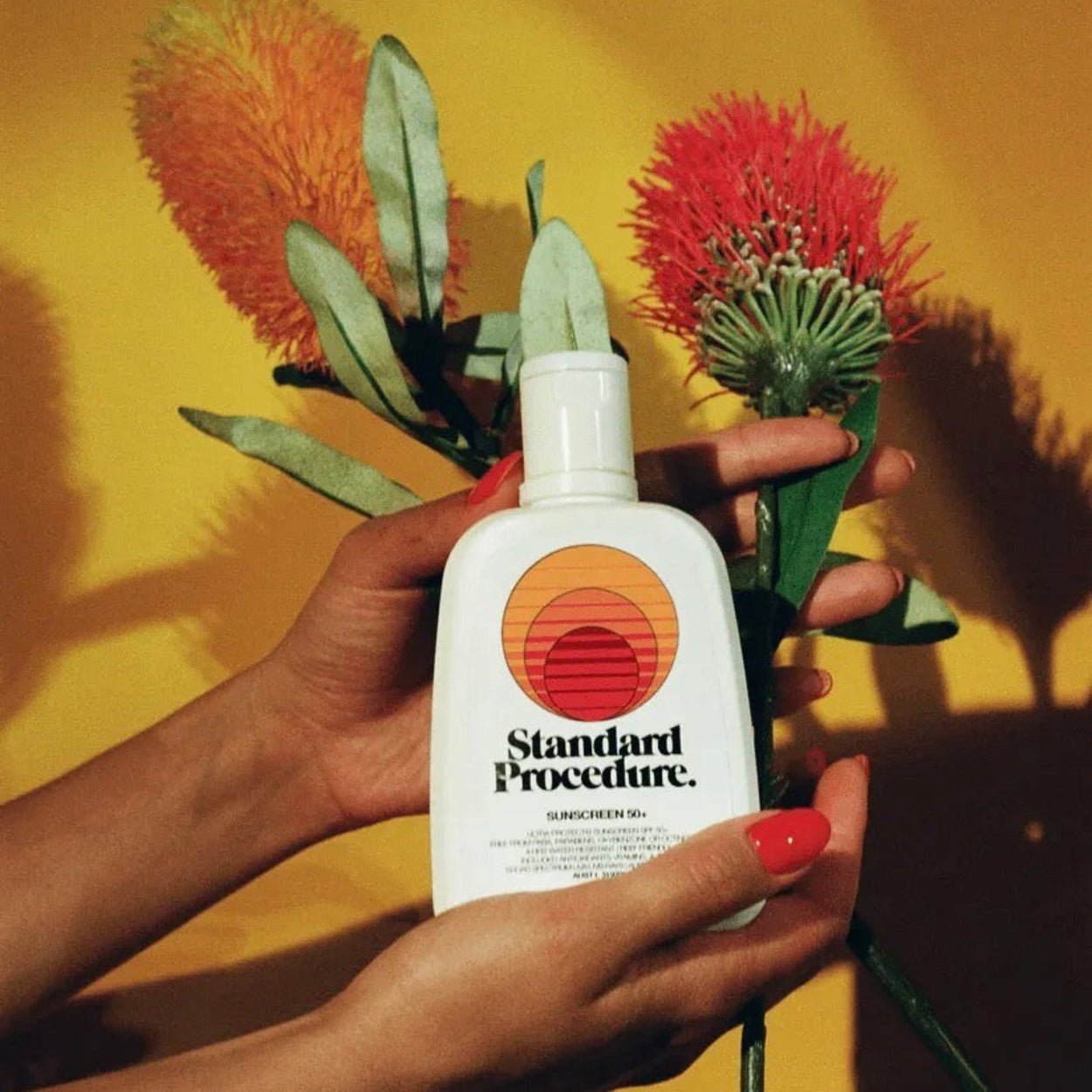 Woman with brown skin and red nails holding Standard Procedure Sunscreen SPF 50+ in front of australian flowers