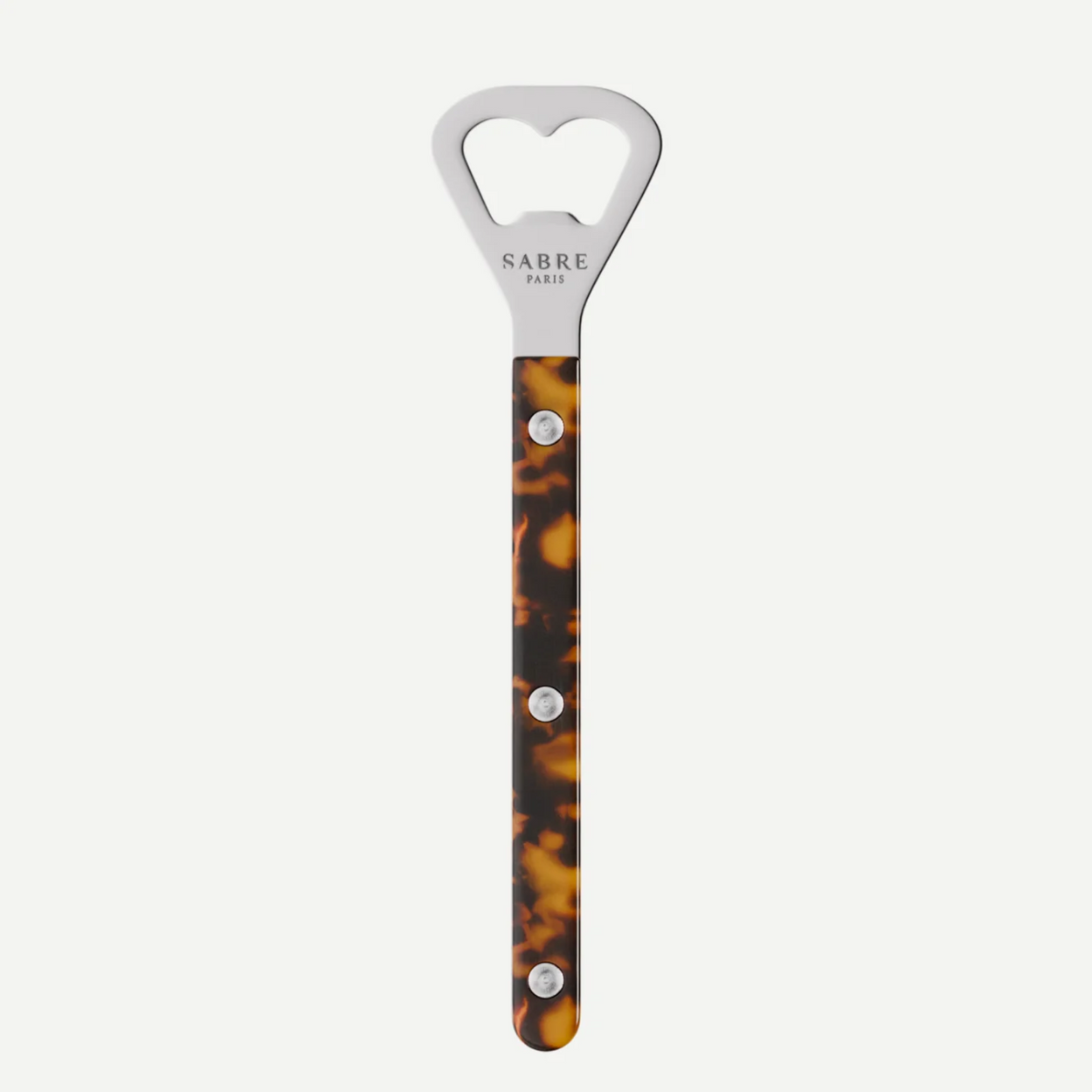 Bottle opener with tortoiseshell handle and silver accents on a white background