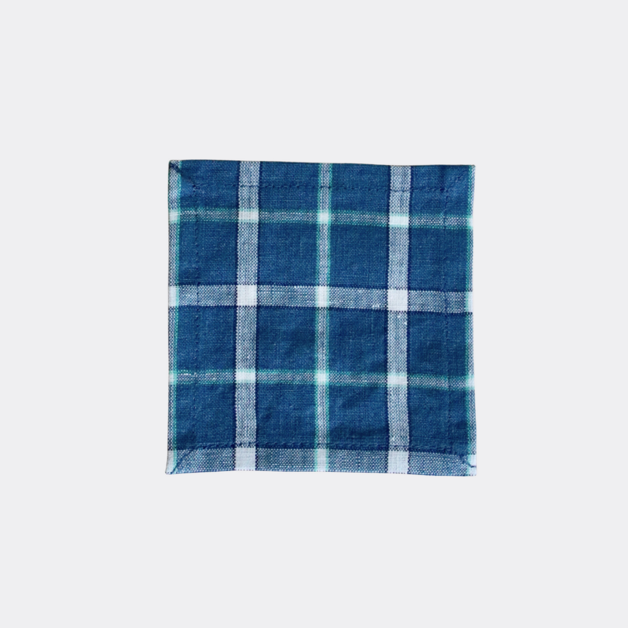 Blue and white check Regent Japanese linen coaster on a white background.